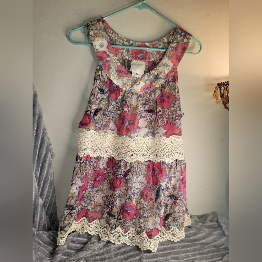 Anna Sui for Anthropologies 100% silk Boho Floral Lace sheer Blouse Size M